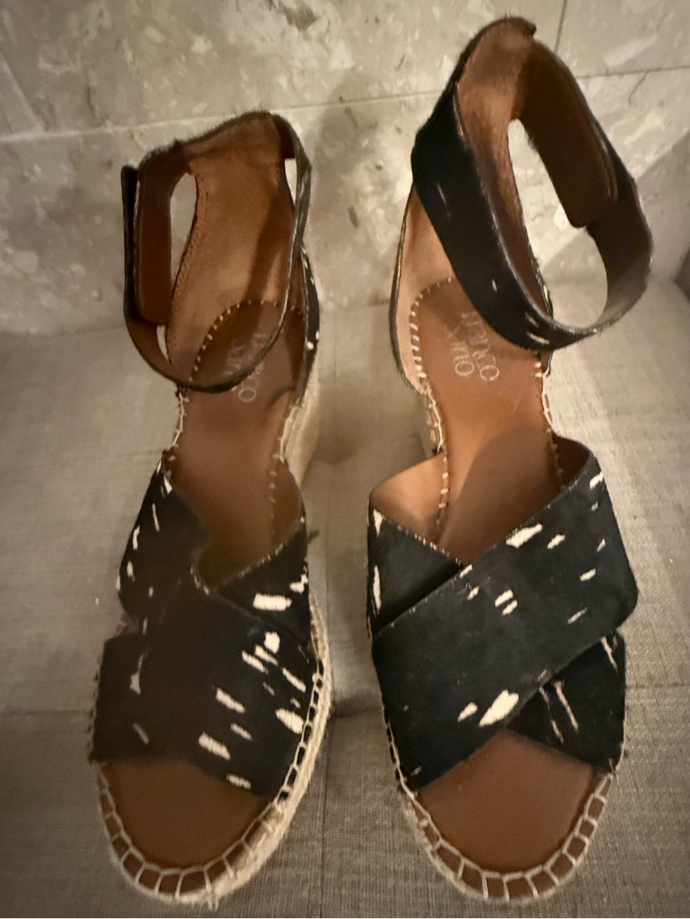 Franco Sarto Black and White Patterned Espadrille Wedges size 8